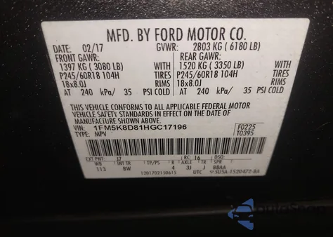 2017 Ford Explorer Xlt из США, поврежденный, VIN 1FM5K8D81HGC17196